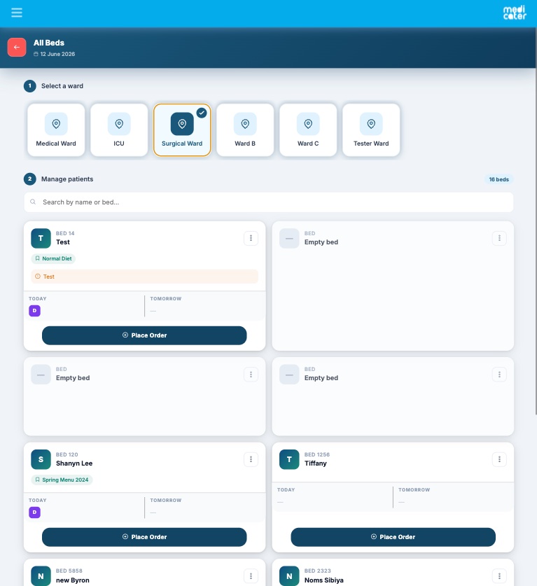 MediCater hostess app — All Beds ward overview with patient meal orders