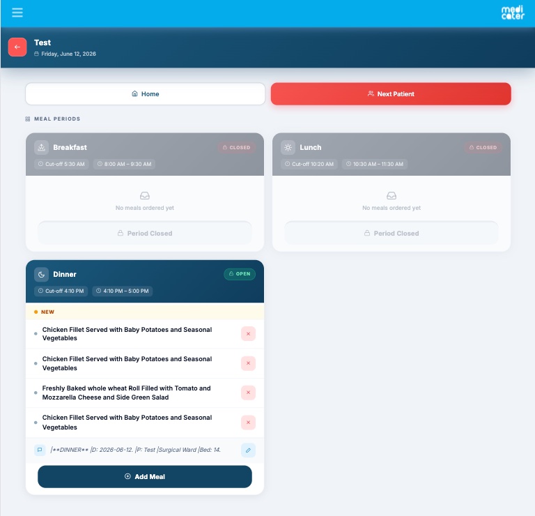 MediCater hostess app — order confirmed, dinner meals for a patient sent to the kitchen with cut-off times per meal period